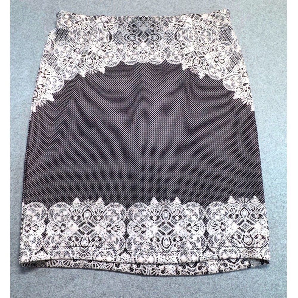 ICE Women Plus 22W 24W Black White Lace Print Pencil Skirt Pull On Career Office